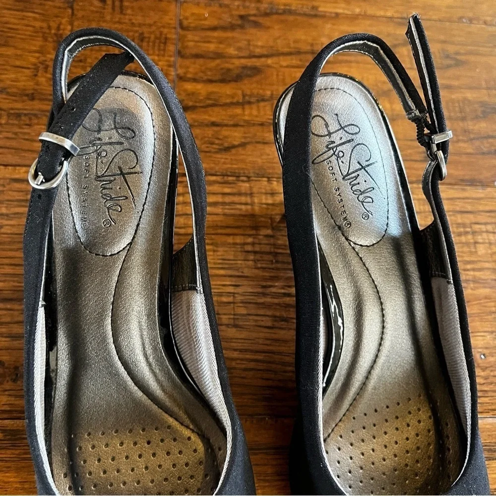 Life Stride Women's Black Peep Toe Slingback 3 Inch Heels size 6.5